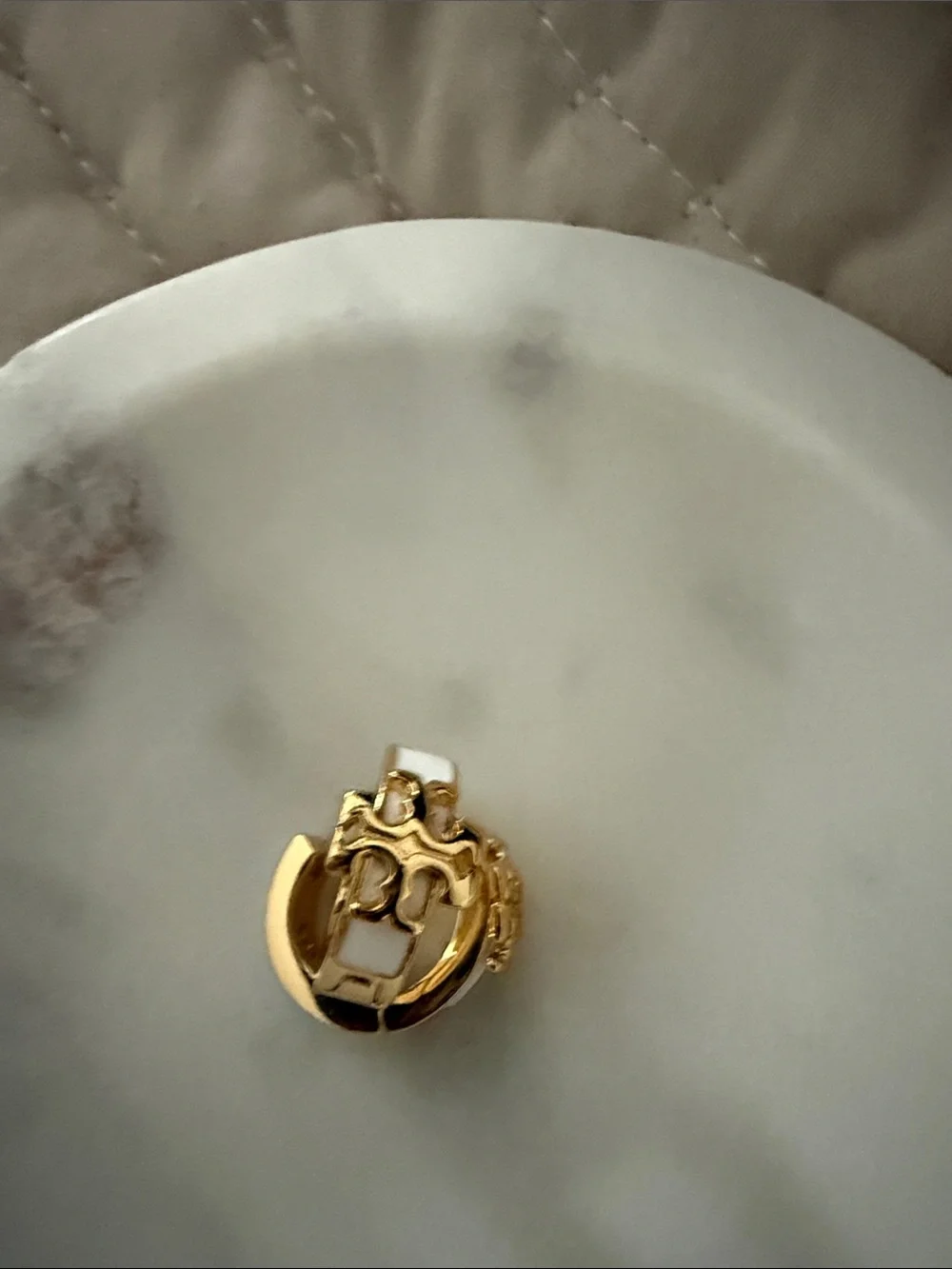 Tory Burch Gold and Cream Logo Hoop Earrings